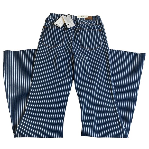 NWT Judy Blue Super Flare Ultra High Rise Jeans 1/25 Striped Blue Raw Hem Bell - Picture 5 of 12